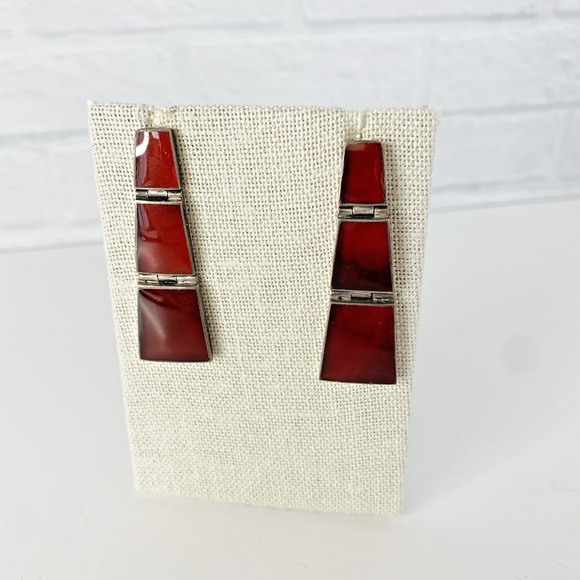 Vintage Jewelry - Vintage Earrings Mexican Sterling Silver Drop Red Stone Modernist Articulated